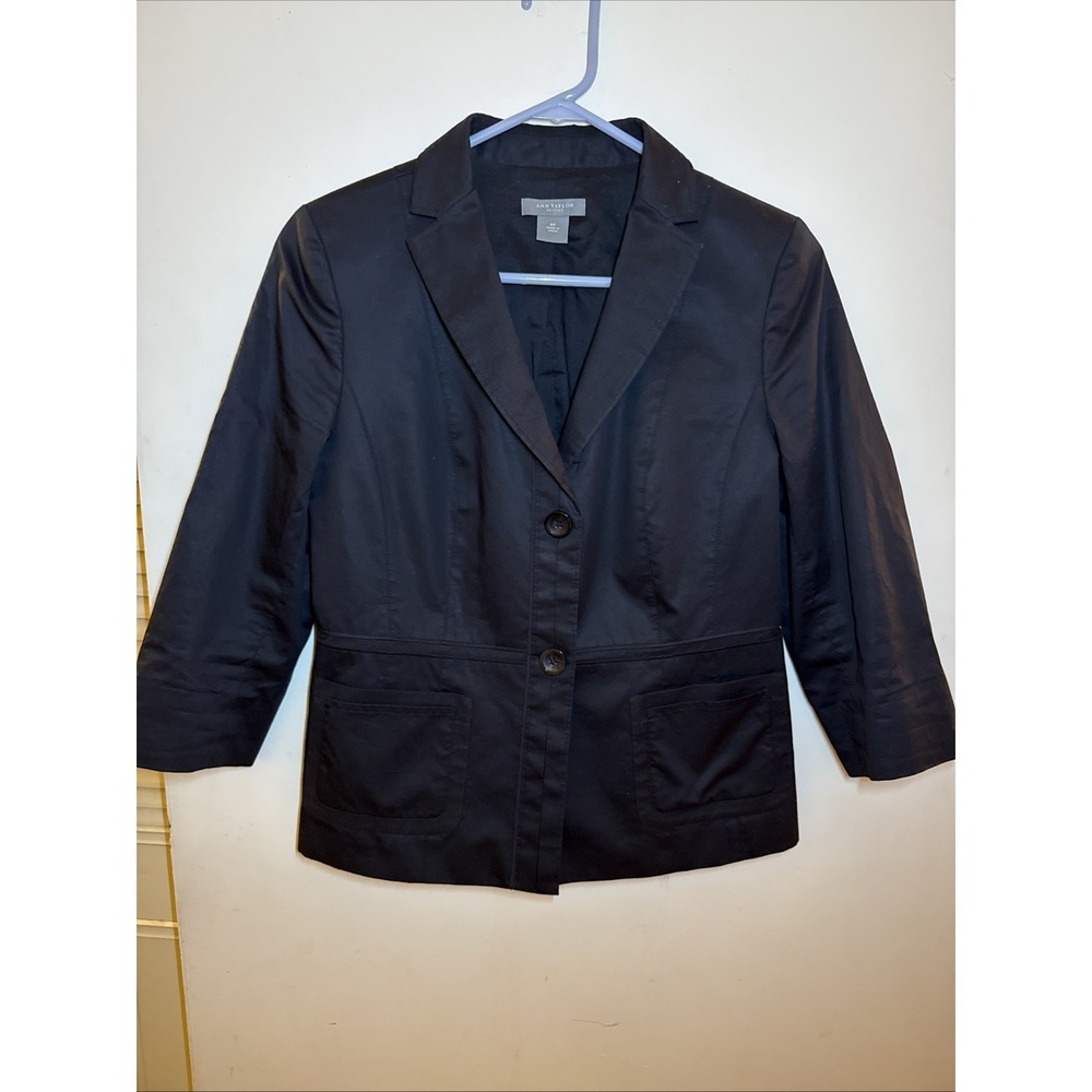 Ann Taylor Blazer Black 100% Cotton Size 6 Petite Career 3/4 Sleeve Classy Flare